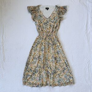 Everlily Floral Pattern Smocked Waist Ruffle Sleeve Midi Dress Size Small